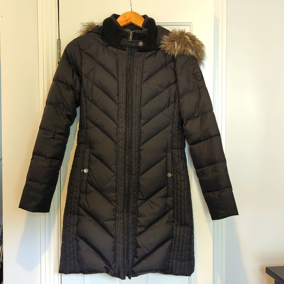 Black winter puffer coat fur hood - Picture 1 of 4